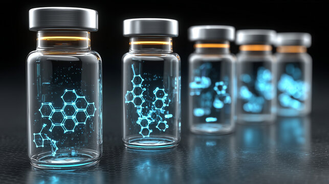 Futuristic healthcare bottles with glowing molecular pattern