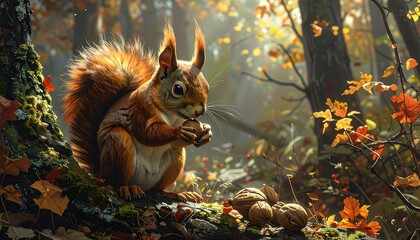Obraz premium A charming squirrel sits on a mossy branch in an autumnal forest, nibbling a nut. Sunlight filters through the leaves
