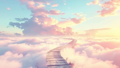 Winding Wooden Bridge Above Dreamy Clouds