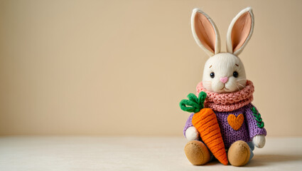 Cute Easter Bunny with Carrot Toy in Knitted Clothes on Beige Background, Generative AI