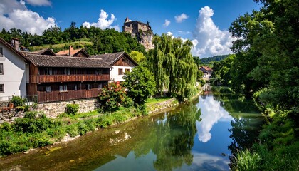 Fototapeta premium Picturesque European town with river, buildings, and a castle