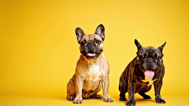 Two dogs sit comfortably next to each other on a bright yellow background, exuding warmth and approachability while capturing the concept of friendly focus or attention sharing.