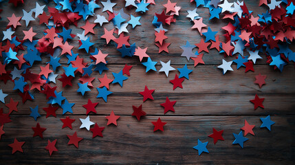 Red white and blue star confetti scattered on wood table