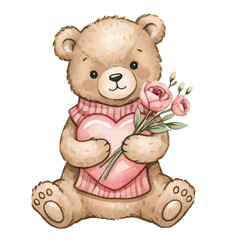Adorable Teddy Bear Holding Heart and Pink Rose Flowers