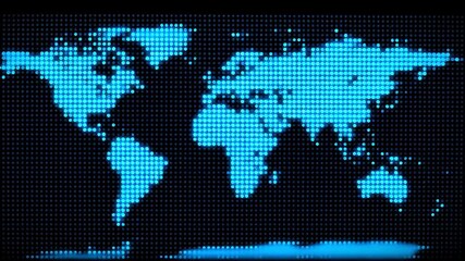 A dynamic digital world map displayed on a screen illustrating global connections and data flow with illuminated blue pixels representing continents and oceans perfect for technology and communicatio. - Powered by Adobe