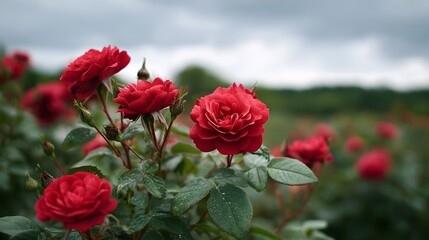 Vibrant red roses in full bloom showcasing delicate petals and lush green foliage under a cloudy sky