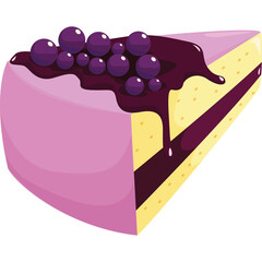 Delicious Slice of Pink Cake with Blueberry Topping and Chocolate Drizzle on a White Background