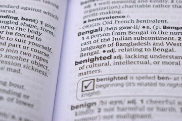 English Dictionary Page Close Up With the Word Of -benighted