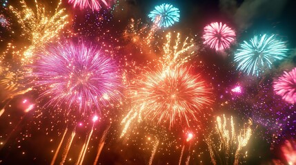 Fototapeta premium A vibrant display of fireworks illuminates the night sky, bringing joy and excitement to the celebration