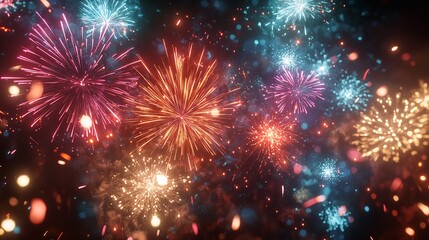 Fototapeta premium Vibrant fireworks illuminate the night sky with bursts of color, creating a festive and celebratory atmosphere