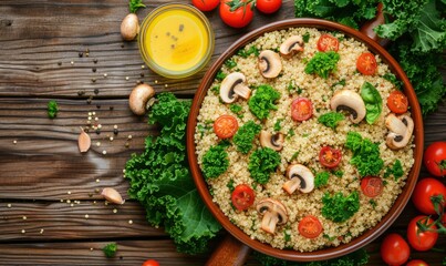Quinoa dish with vegetables overhead close up food photography