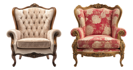 Elegant Vintage Armchairs with Unique Designs and Textures, PNG bundle collection, Isolated on Transparent Background