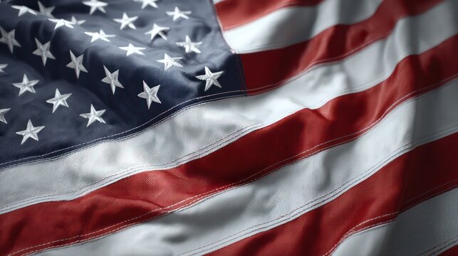 A United States flag floating above smooth metallic plane, reflection slightly softened. Fabric stitching sharp, folds ultra-detailed, colors
