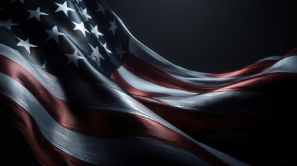 A United States flag stretched seamlessly across futuristic metallic arch, fabric glowing under focused light. Shadows enhance curvature