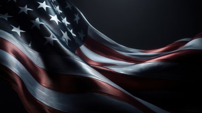 A United States flag stretched seamlessly across futuristic metallic arch, fabric glowing under focused light. Shadows enhance curvature