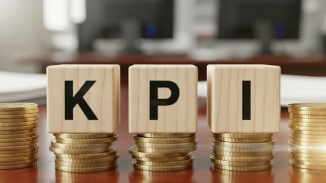 Wooden blocks displaying kpi letters surrounded by stacks of golden coins on table