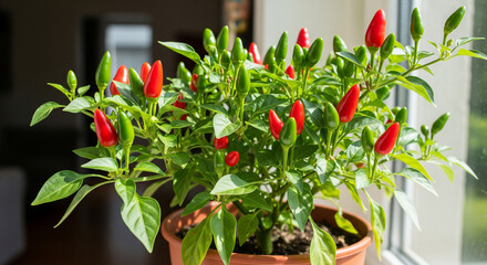 chili seed plants bearing thick fruit in home pots