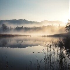 Fototapeta premium Serene Lake Sunrise with Foggy Forest and Reflections Calm Water