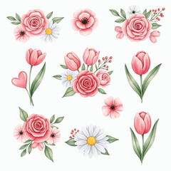 Set of Watercolor Pink Roses, Tulips, and Daisy Flower Arrangements