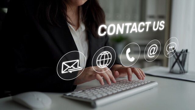 UI concept for contact us section showing icons for email, web, phone, and message. Contact and support icons help streamline business communication and improve customer contact experience. Muxer