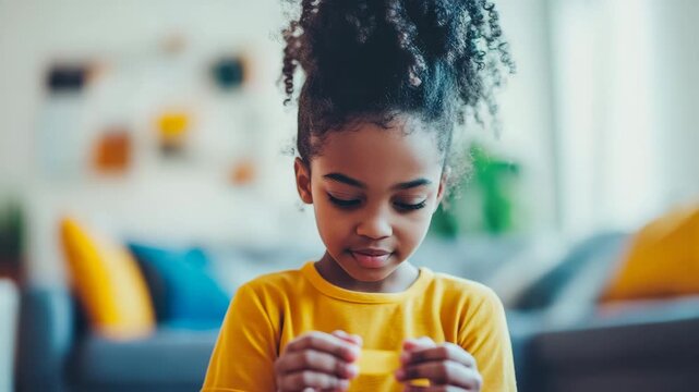 Young girl with curly hair concentrating intently on item held in her hands, within comfortable domestic setting