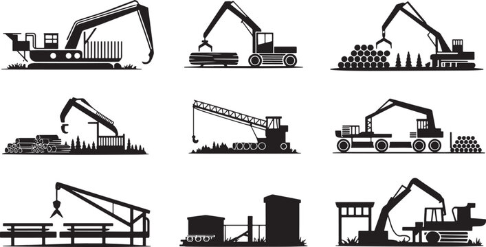 Silhouettes of different kinds of timber crane equipment on transparent background
