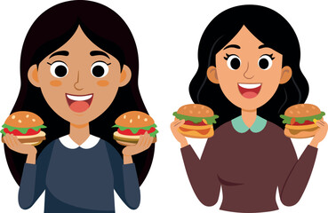 woman eating burger, food lover illustration, female foodie art, happy eating concept, delicious meal vector, fast food fan design, lifestyle and nutrition cartoon, modern woman art, cheerful burger g