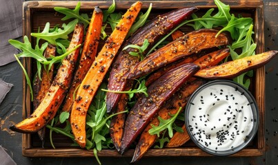 Roasted sweet potato with greens and white sauce on wooden tray