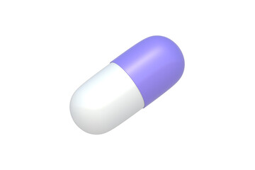 Purple capsule pill isolated on white background. Medical tablet. Antibiotic or vitamins. 3d render