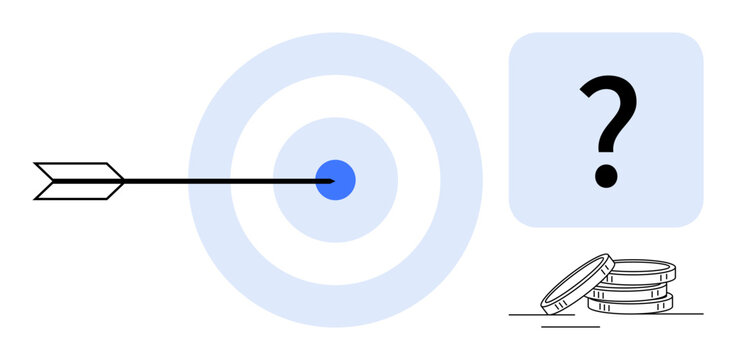 Arrow in bullseye, central target, blue question mark, stacked coins Ideal for success, focus, decision-making, finance, innovation planning achievement themes. Simple flat metaphor
