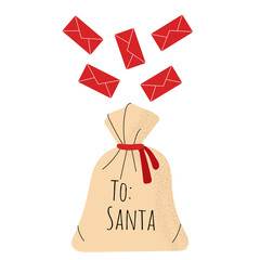 Flat style Christmas illustration of a gift bag with red envelopes flying to Santa. Festive holiday mail concept perfect for greeting cards, posters, social media and winter design projects.