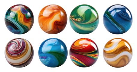 Colorful Swirls of Marbled Decorative Balls on a White Background, PNG bundle collection, Isolated on Transparent Background