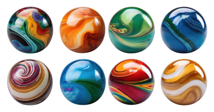 Colorful Swirls of Marbled Decorative Balls on a White Background, PNG bundle collection, Isolated on Transparent Background