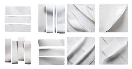 Various Textures and Shapes of White Paper and Fabric Materials, Bundle Set Collection, Isolated on Transparent Background