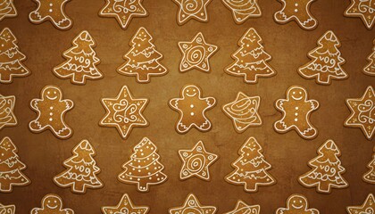 Gingerbread cookies in various festive shapes adorn a warm brown background, creating a cozy Christmas atmosphere for holiday baking Generative AI