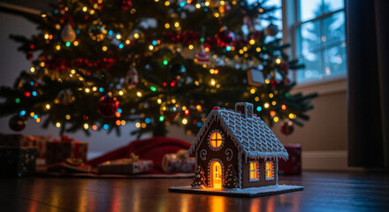 Gingerbread house with glowing windows near decorated Christmas tree and presents