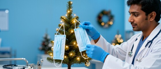 An Indian male doctor decorates a Christmas tree with medical face masks. Healthcare professional celebrating the holidays in a clinic during the pandemic. Banner with copy space