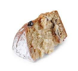 Christmas food. Piece of delicious Panettone cake isolated on white
