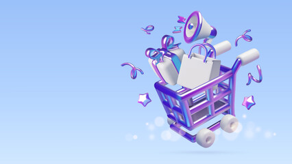 Holiday sale background with 3d supermarket shopping cart with gifts, presents and confetti. Blue and purple holographic gradient elements on blue background. Vector illustration. 