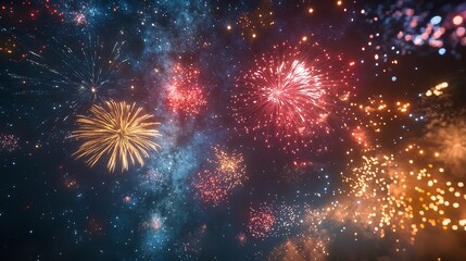 A vibrant display of fireworks illuminating the night sky with bursts of color and light