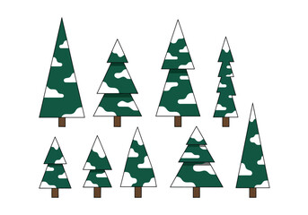 Obraz premium A collection of ten stylized evergreen trees of various shapes and sizes, covered in snow on a white background.