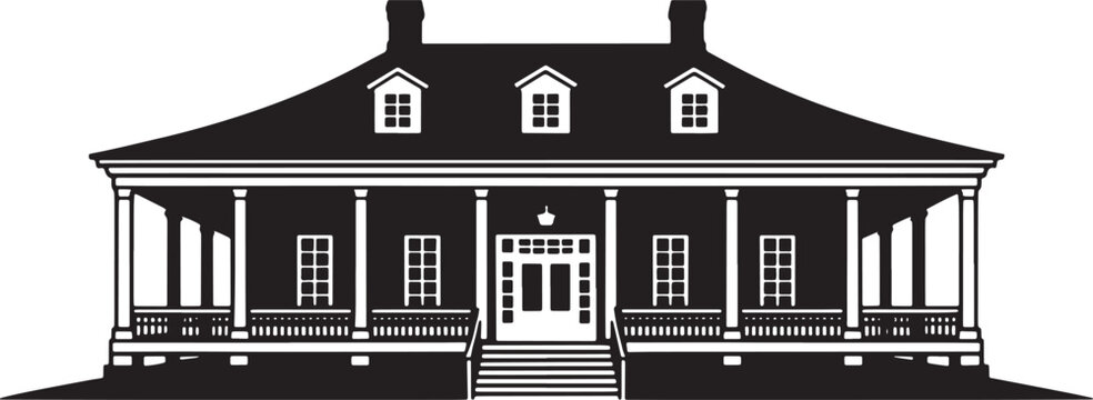 Illustration of large plantation house with windows steps and covered porch