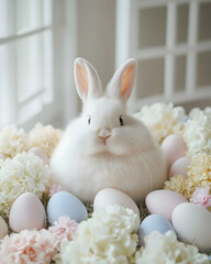 Adorable White Easter Bunny Surrounded by Pastel Easter Eggs and Flowers. A fluffy white bunny resting among pastel Easter eggs and colorful flowers