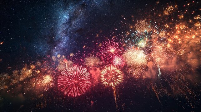 Spectacular fireworks display lighting up the dark night sky with vibrant colors and patterns