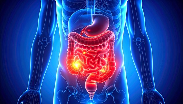 Detailed 3D medical illustration of the human digestive system showing the stomach, small intestine, and large intestine, with inflamed or irritated sections highlighted in red inside the abdomen.