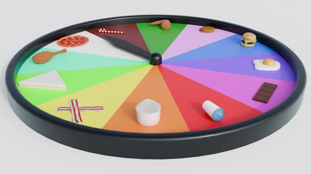 A 3d animation of roulette wheel, the concept of food choice, random eating, or a "food-time" game. Different types of food are presented as options on a spinning wheel.