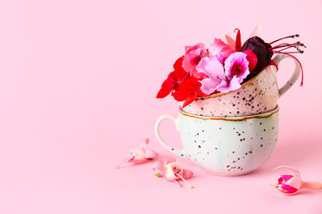 Cups with different beautiful edible flowers on pink background