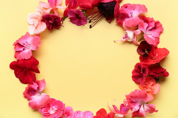 Frame made of different beautiful edible flowers on yellow background