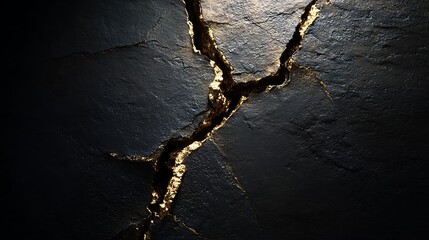 Golden crack on dark surface creates an abstract and dramatic background