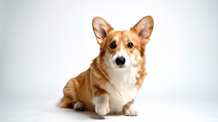 A corgi sitting in a relaxed pose with its mouth open and tongue out, displayed prominently against a clean white background, perfectly capturing the concept of playful companionship evoking.